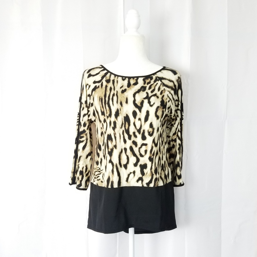 ⚪2/$20 Chico's Leopard Print Tunic Top Sz 0 Mixed Media High-low Going Out